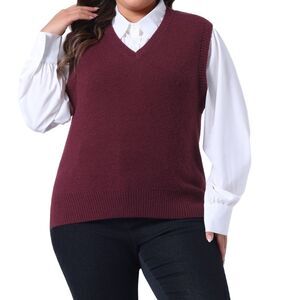 Plus Size V Neck Striped Knit Casual Pullover Sweater Vests Burgundy